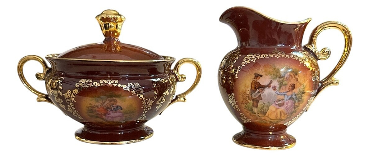 ANTIQUE PT BAVARIA TIRSCHENREUTH SUGAR & CREAMER COURTING COUPLE BROWN GOLD GILT