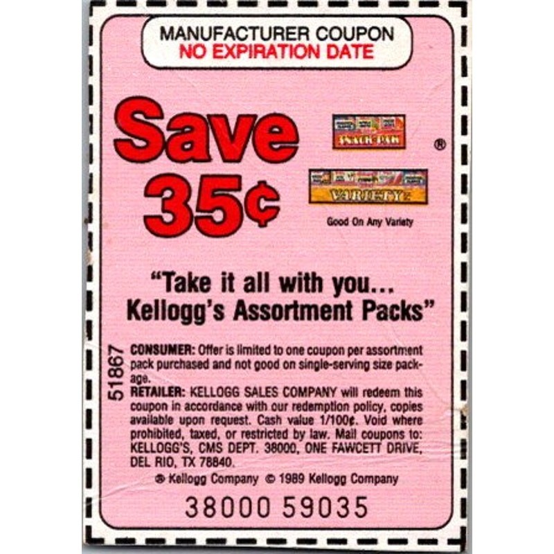 Save 35¢ Kellogg's Assortment Packs Kellogg's Del Rio TX 1980s Coupon SAI1-M12