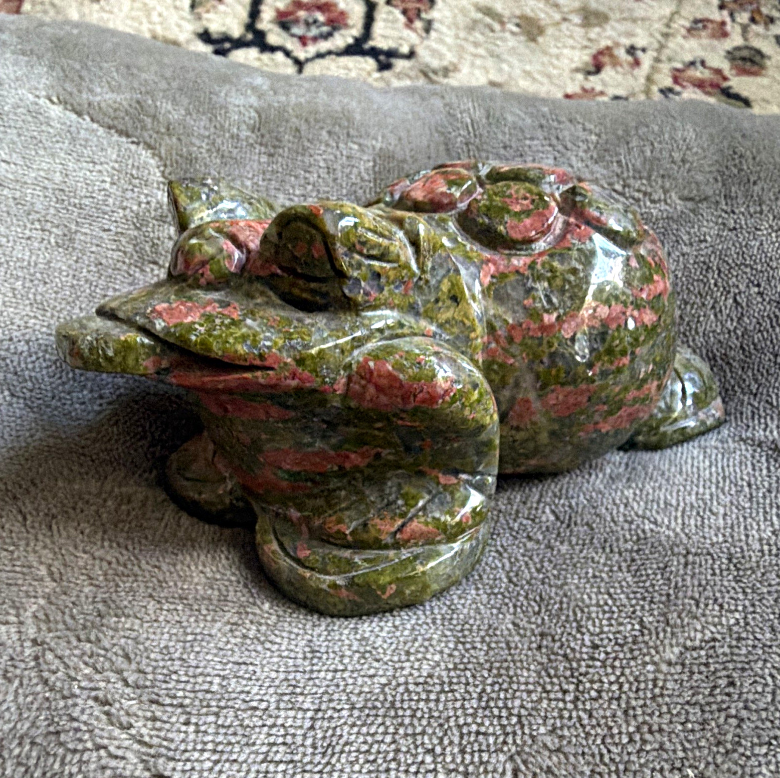 Carved Stone Frog Figurine - Green & Pink Stone Animal Statue Figurine
