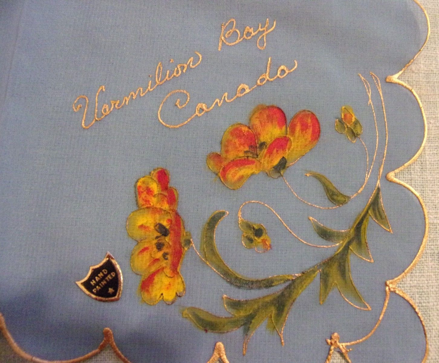Vintage Vermillion Bay Ontario Canada Souvenir Hand Painted Handkerchief Hanky