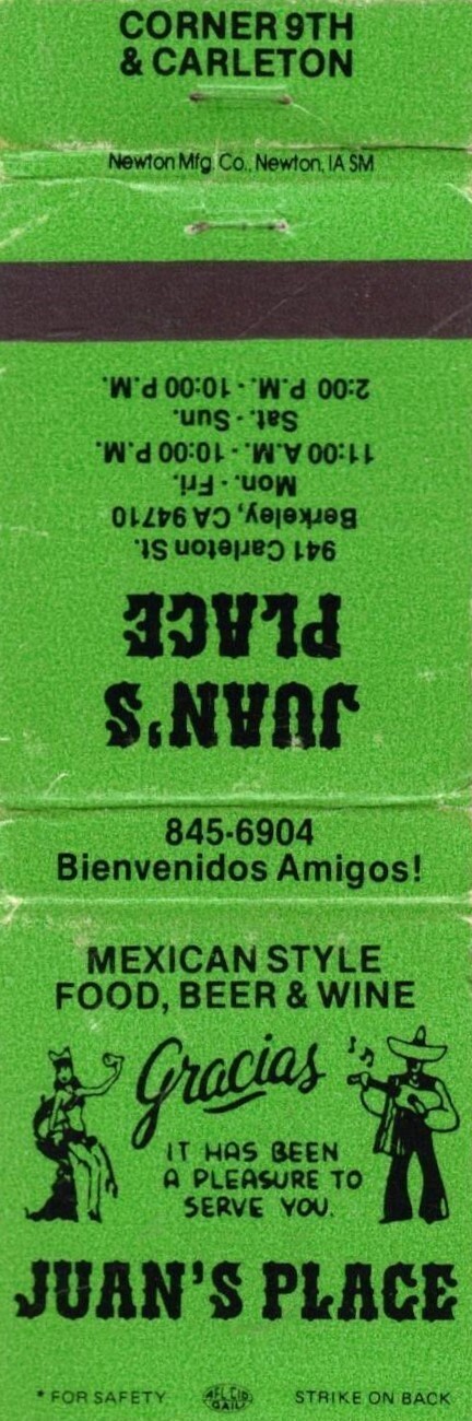 JUAN\'S PLACE-MEXICAN-BERKELEY,CA.-ONE 1/2 INCHES WIDTH-EMPTY-MATCHBOOK-170\'S