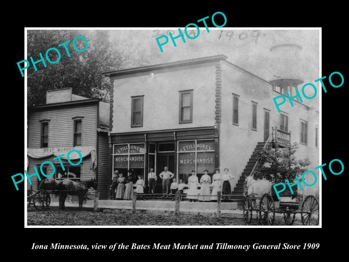 OLD POSTCARD SIZE PHOTO OF IONA MINNESOTA THE BATES MEAT MARKET STORE c1909