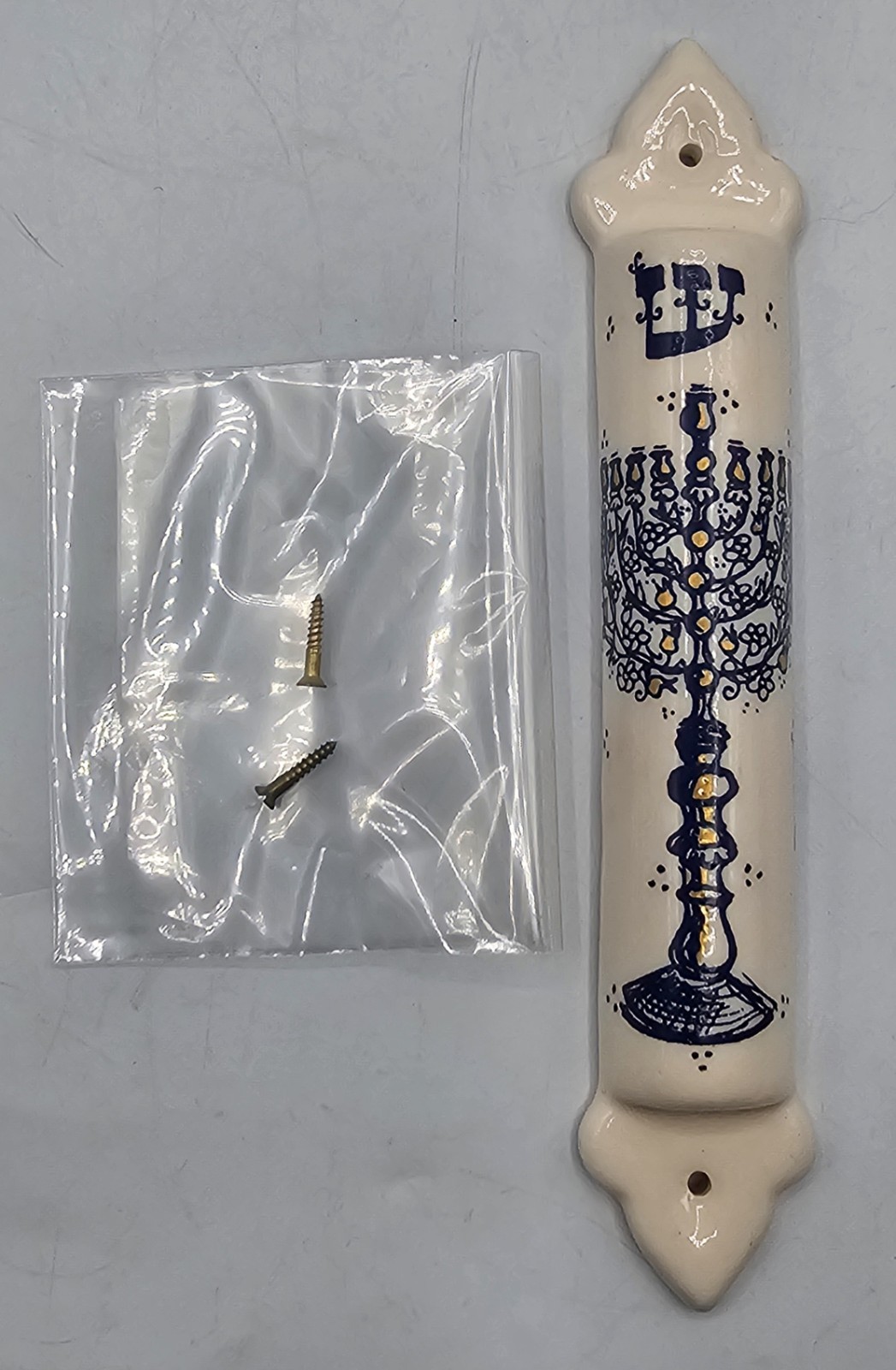 New Artisan Ceramic Horwitz Shaddai Menorah Mezuzah ~ Lovely Gold Accemts