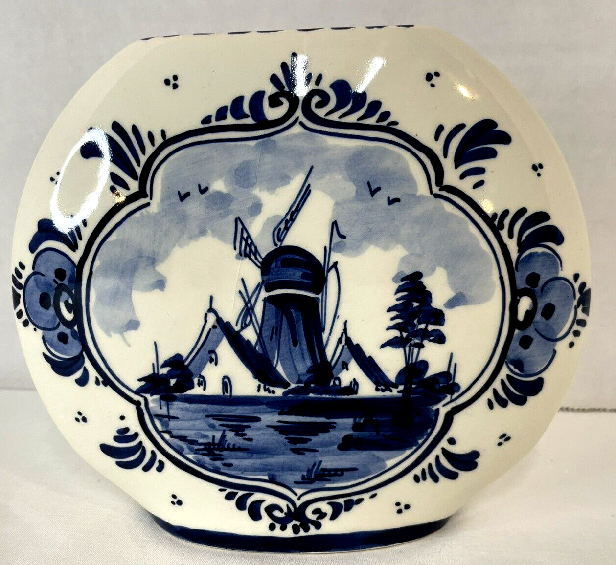 Delft Holland Hand Painted Circular Blue & White Floral Windmill Vase