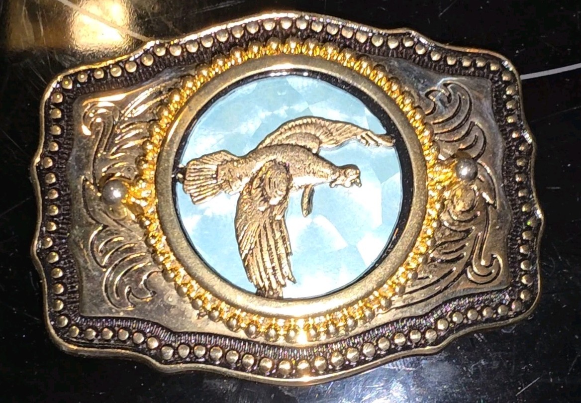 Vintage Western Belt Buckle Quail In Flight Bismuth Style Iridescent Blue USA...