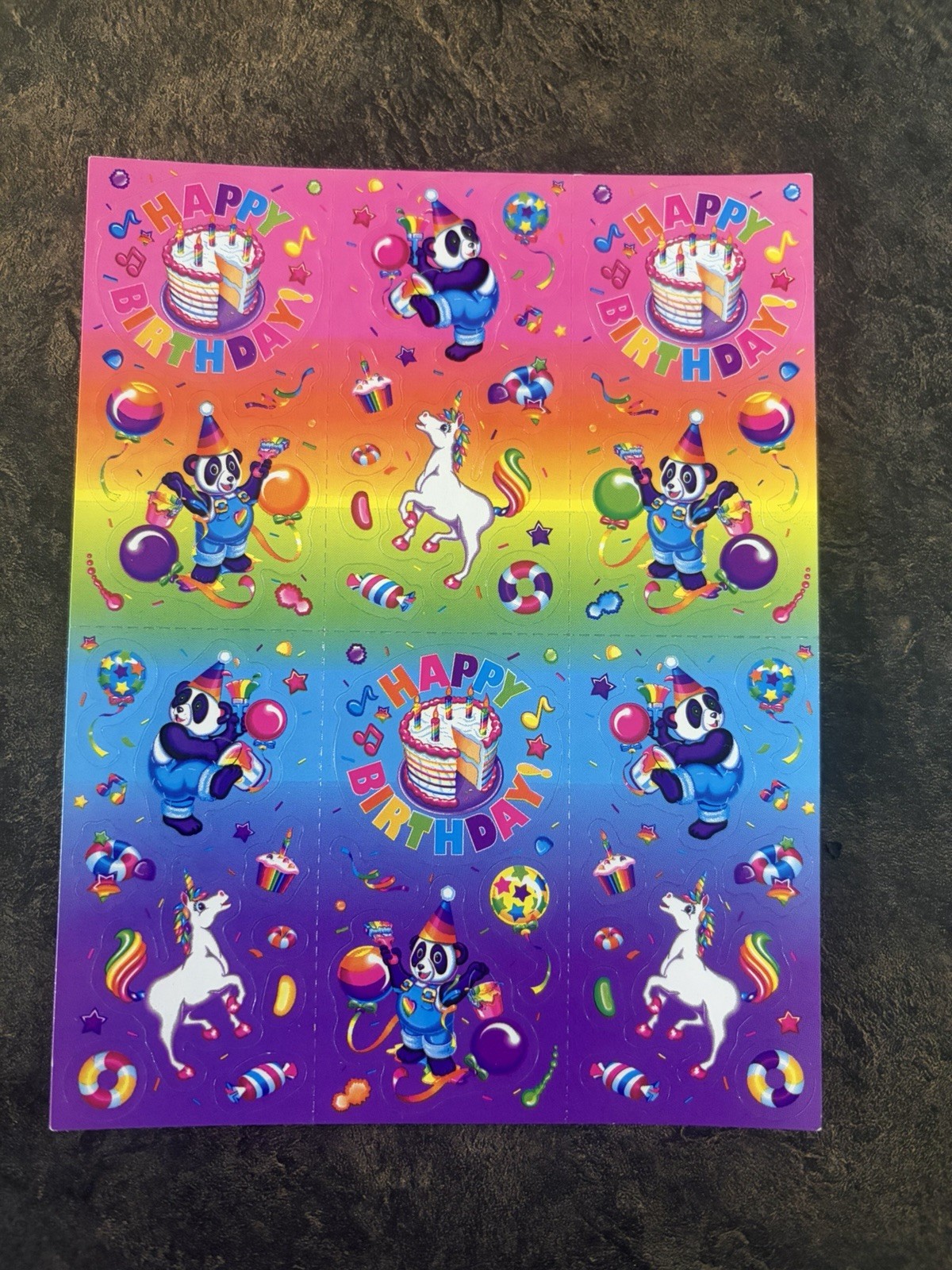 Lisa Frank Vintage Sticker Sheet S303 Happy Birthday Panda Painter Markie HTF
