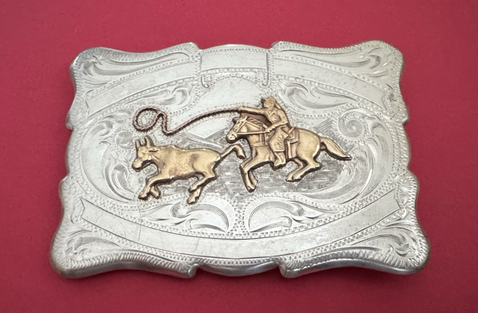 VTG RARE Large Sterling Silver Frontier Cowboy Western Roping Trophy Belt Buckle