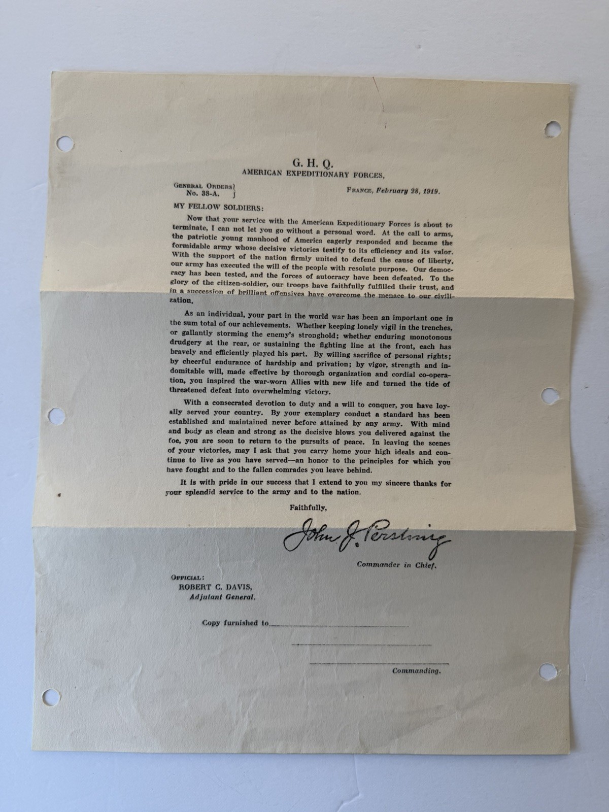 Copy of Gen. Pershing\'s General Orders No. 38-A Dated 2-28-1919 World War 1