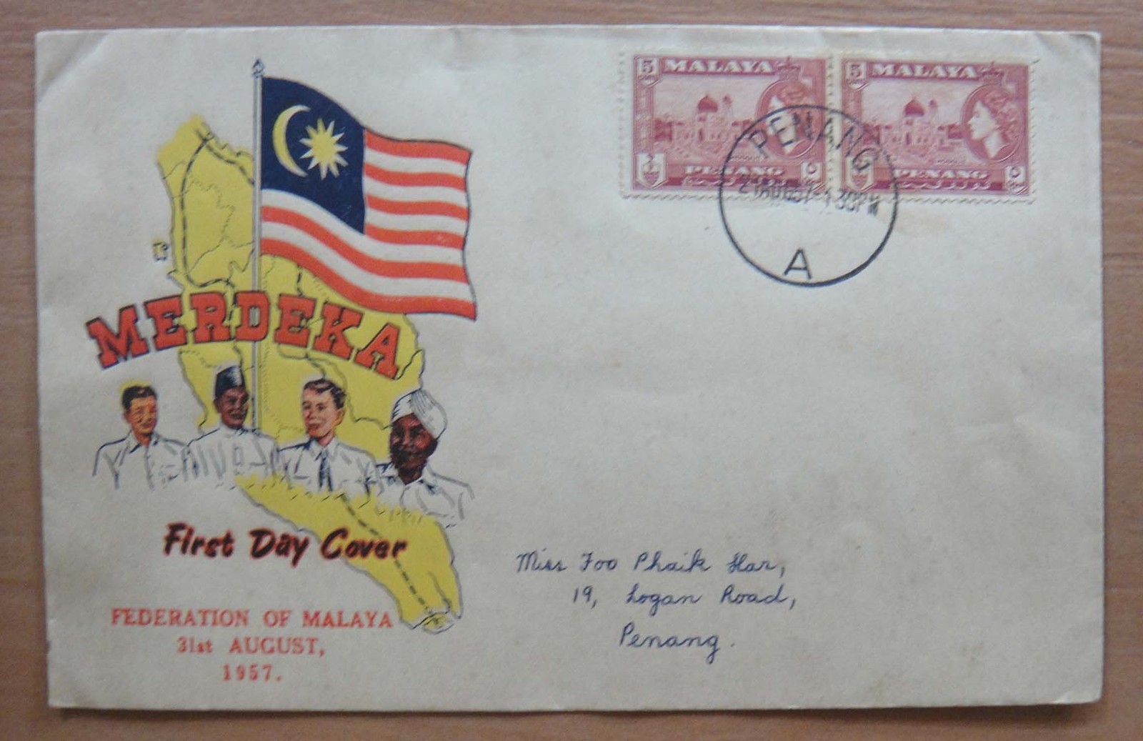 (Z1) Malaysia Malaya Stamps FDC First Day Cover 1957 MERDEKA Penang 5cent