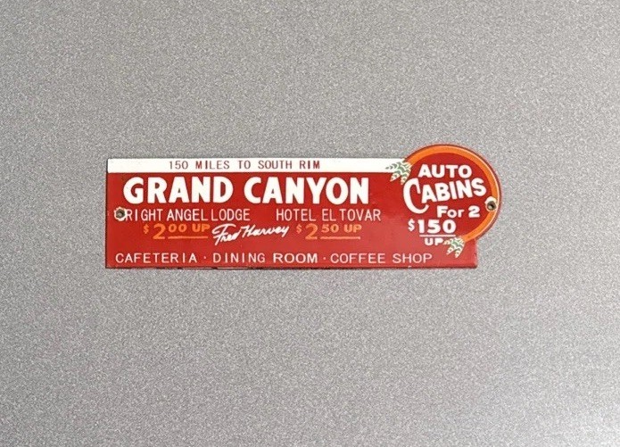 VINTAGE 12” GRAND CANYON CABINS HOTEL PORCELAIN SIGN CAR GAS OIL MOTORCYCLE