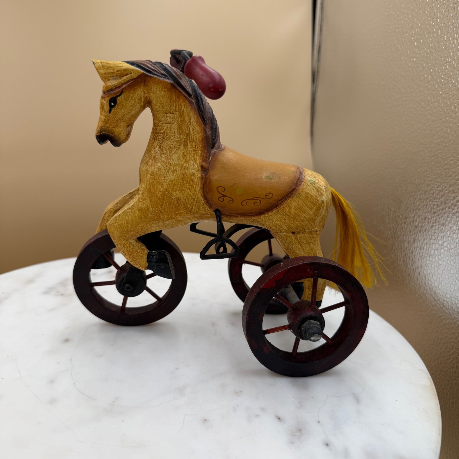 Vintage Handpainted Folk Art Tricycle Horse Figure Small Yellow Excellent Wood