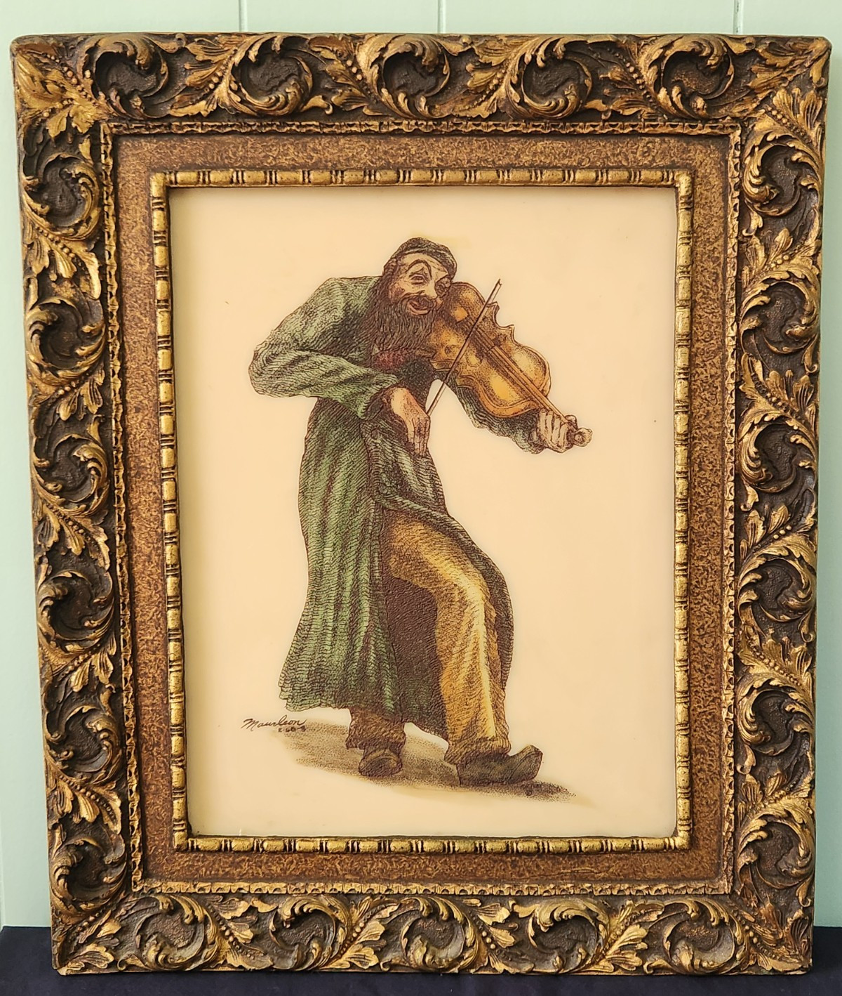 Artini- Fiddler-Engraving- Hand Painted Resin Plaque - Signed Maurleon VTG