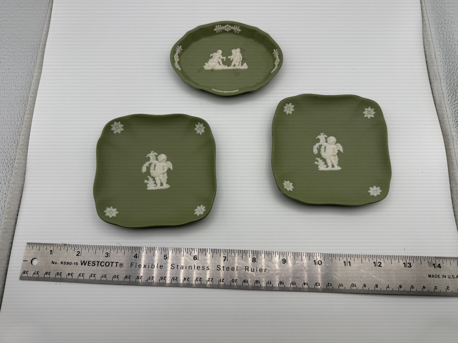 3pc Vtg Wedgwood Sage Green Jasperware Lot: 2 Square Cherub Plates & 1 Oval Tray 3pc Vtg Wedgwood Sage Green Jasperware Lot: 2 Square Cherub Plates & 1 Oval Tray
