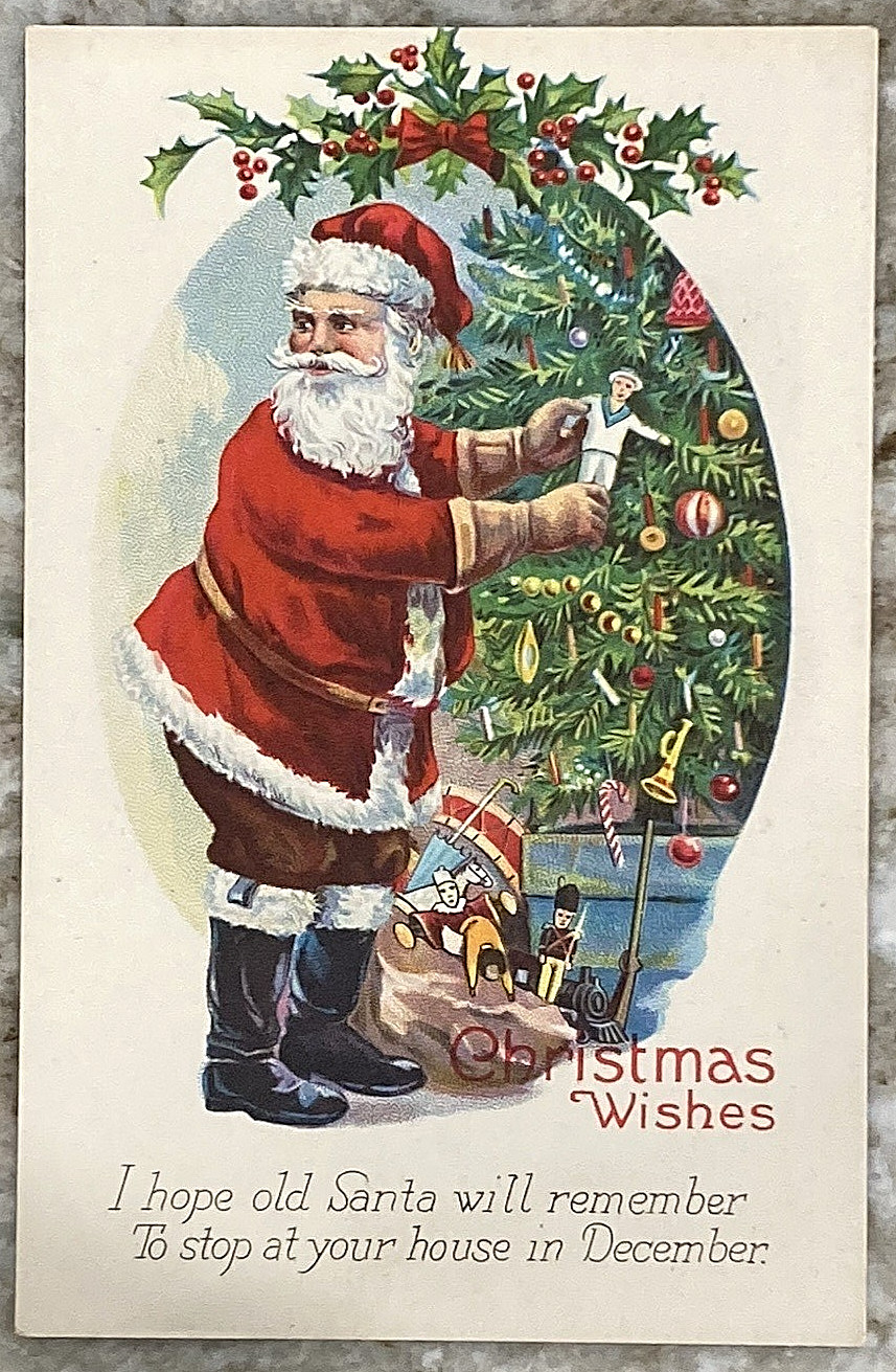 Christmas Wishes Santa Claus Hanging Gifts on Tree Litho DB Postcard C747 Christmas Wishes Santa Claus Hanging Gifts on Tree Litho DB Postcard C747