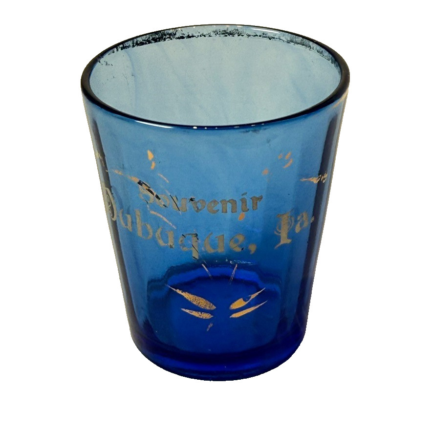 DUBUQUE IA IOWA Antique BLUE Depression Glass Souvenir TRINKET CUP