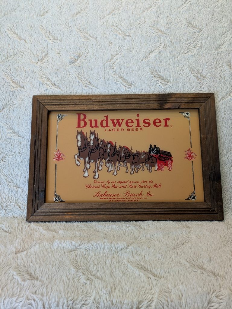 Budweiser Lager Beer Framed Horse Drawn Wagon Mirror Bar Decor Brown Vintage Budweiser Lager Beer Framed Horse Drawn Wagon Mirror Bar Decor Brown Vintage