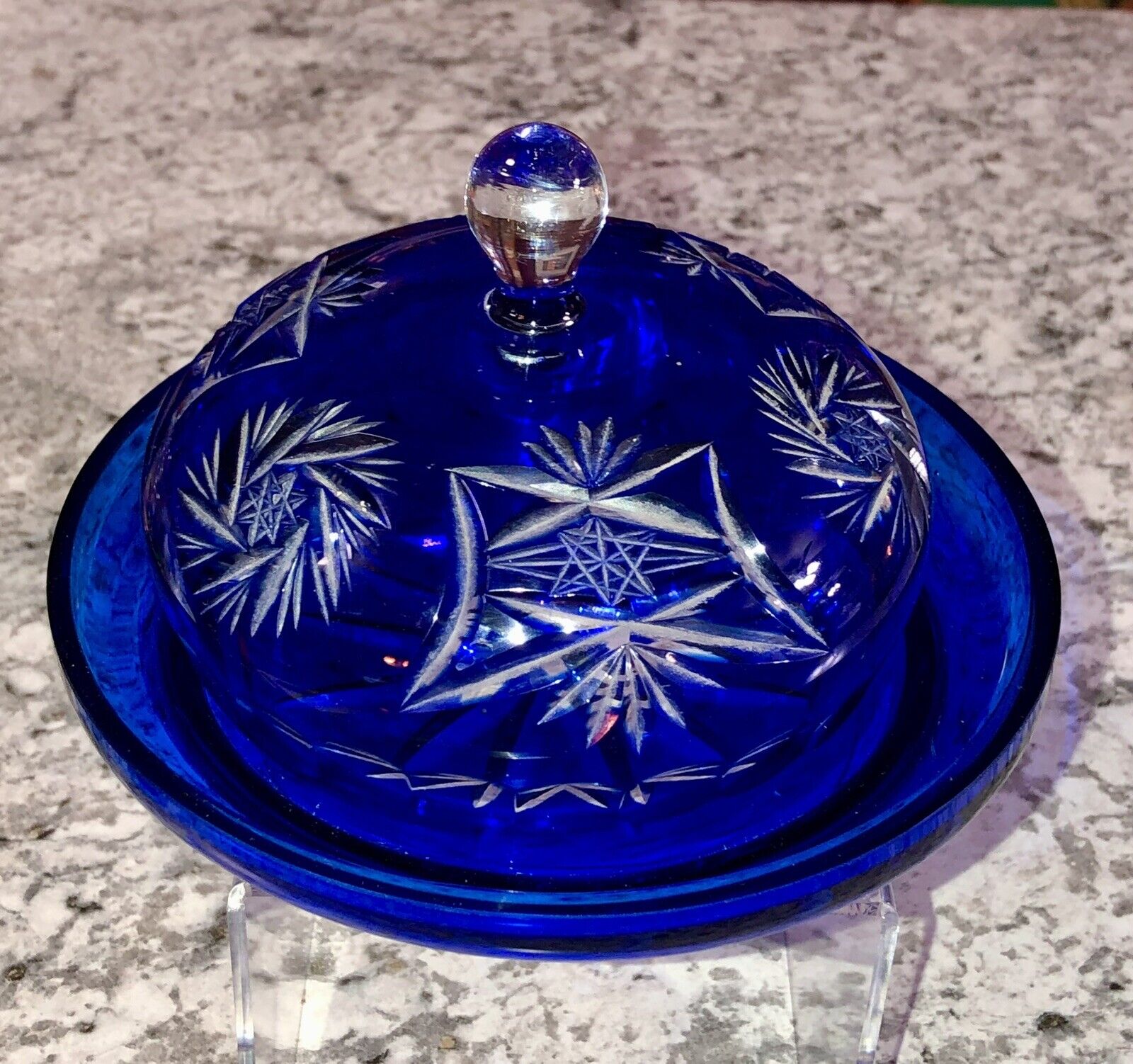 Vintage Bohemian Cobalt Blue Glass Cut to Clear Pinwheel Covered Butter Dish