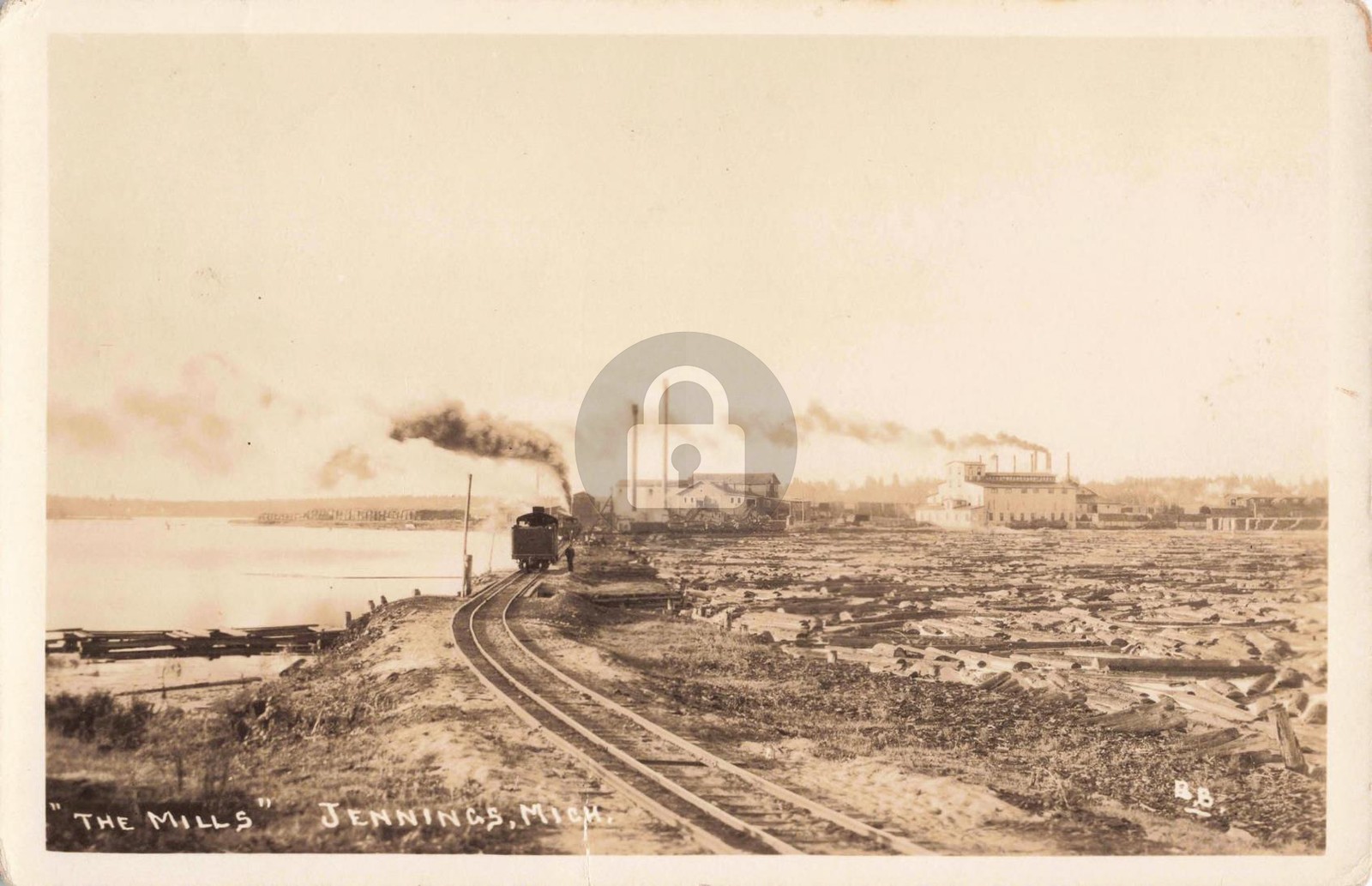 Railroad by The Mills, Jennings MI Michigan 1916 RPPC Photo Postcard COPY