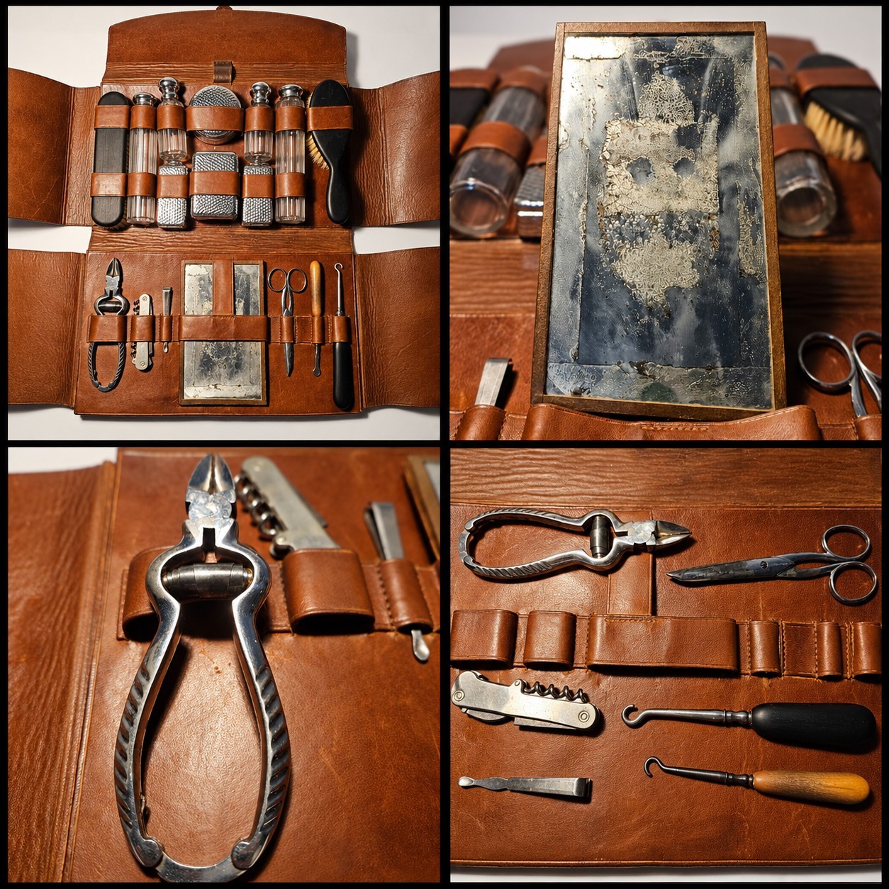Vintage Antique Gentleman’s Grooming Kit Leather Case Glass Bottle Tools c.1900s Vintage Antique Gentleman’s Grooming Kit Leather Case Glass Bottle Tools c.1900s