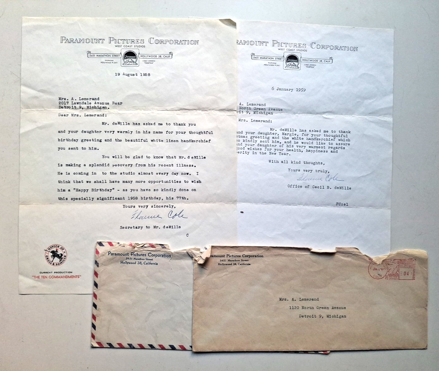 2 letters from the office of Cecil B. deMille, signed by his secretary, 1958-'59