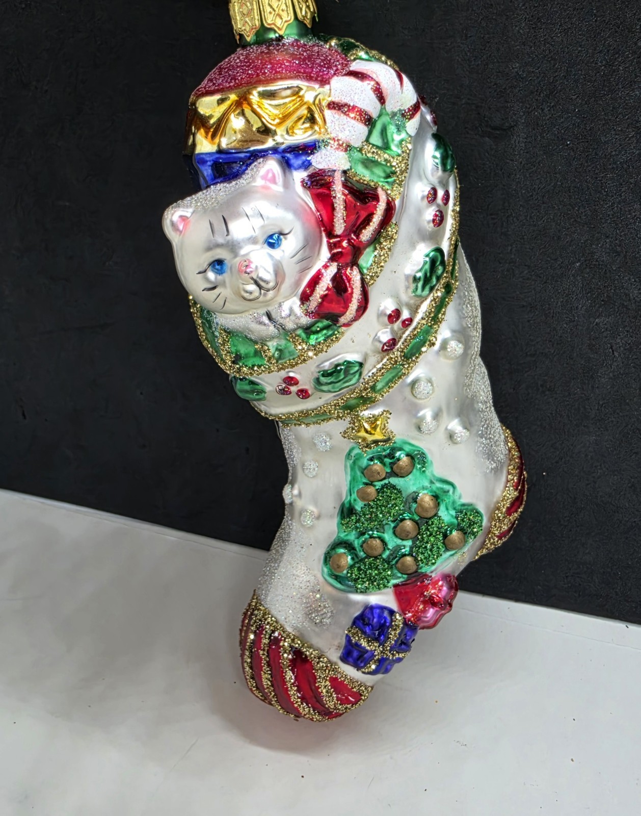 Old World Christmas Kitty Cat White Stocking Glass Ornament Glitter Handpainted 