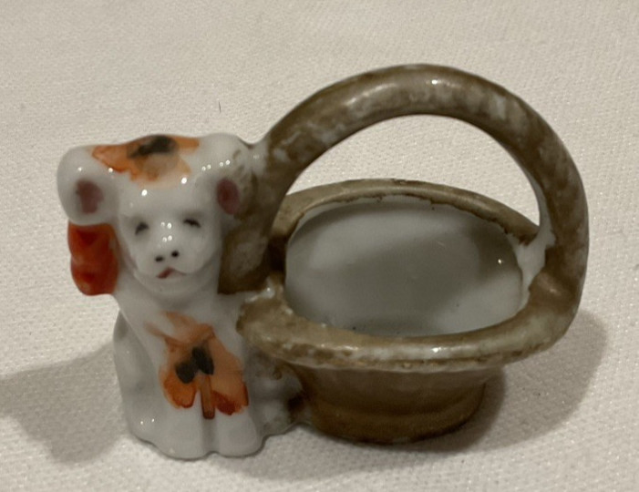 Vtg PICO Occupied Japan Ceramic Dog Figurine Puppy with Bow Basket Miniature