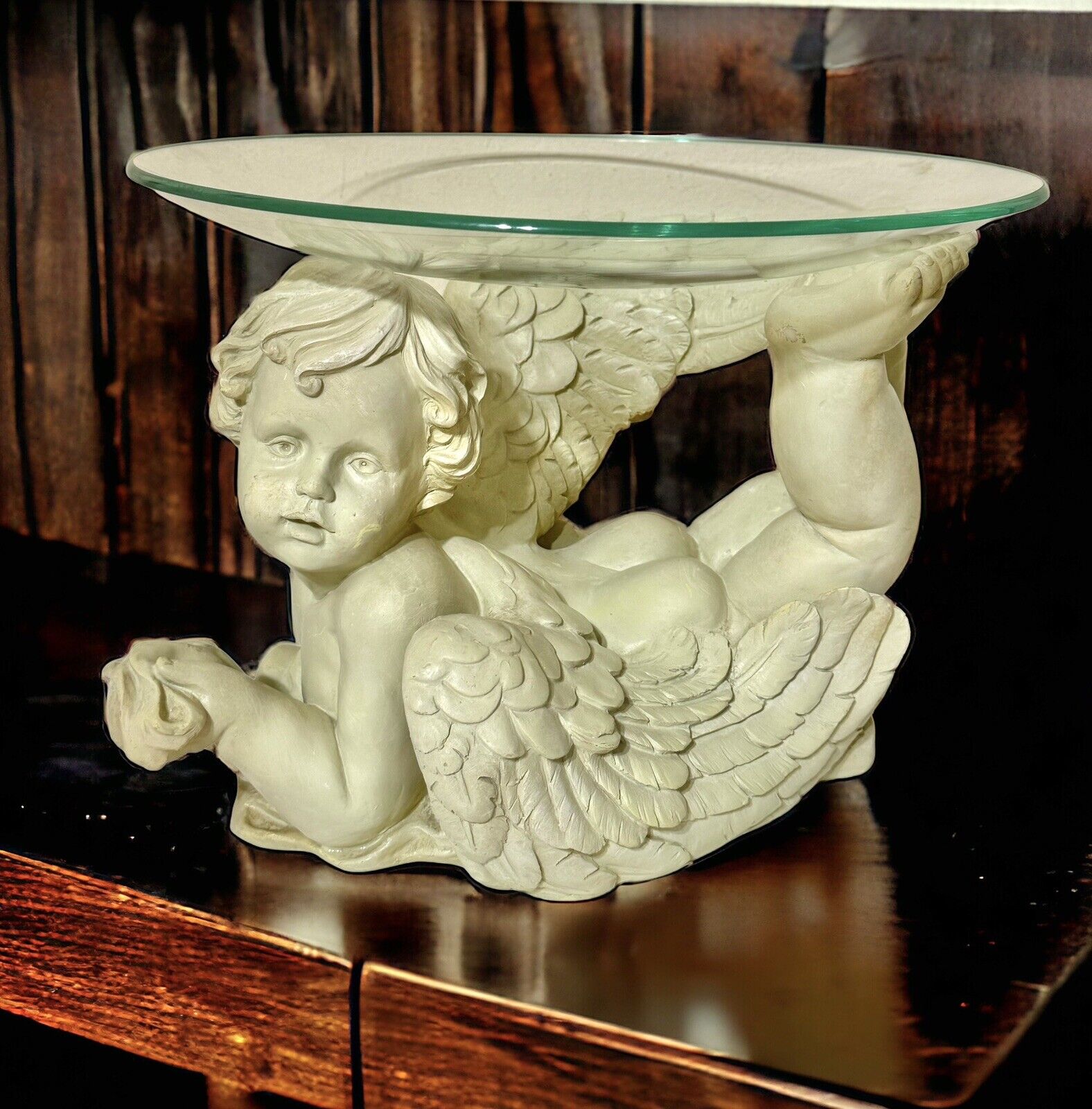 Vintage Cherub Angel Baby Statue Bowl Plant Stand 13” Decor Centerpiece Dish