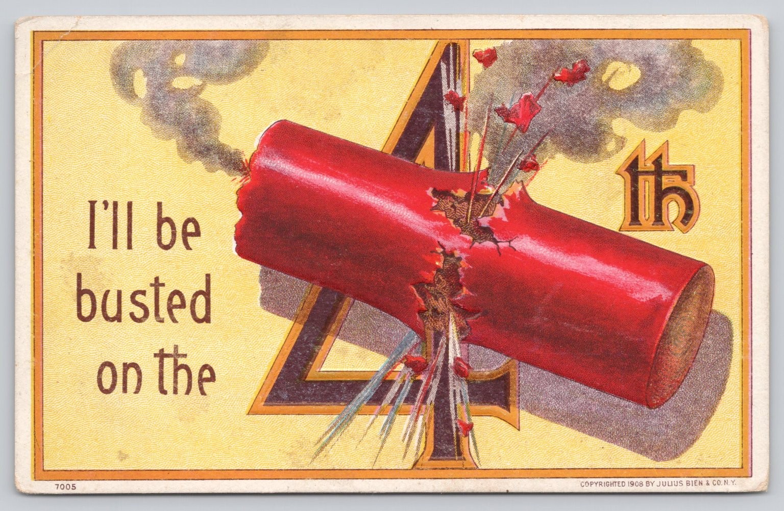 1908 4th of July Firecracker Humor Postcard Julius Bien & Co. N.Y. Series 7005