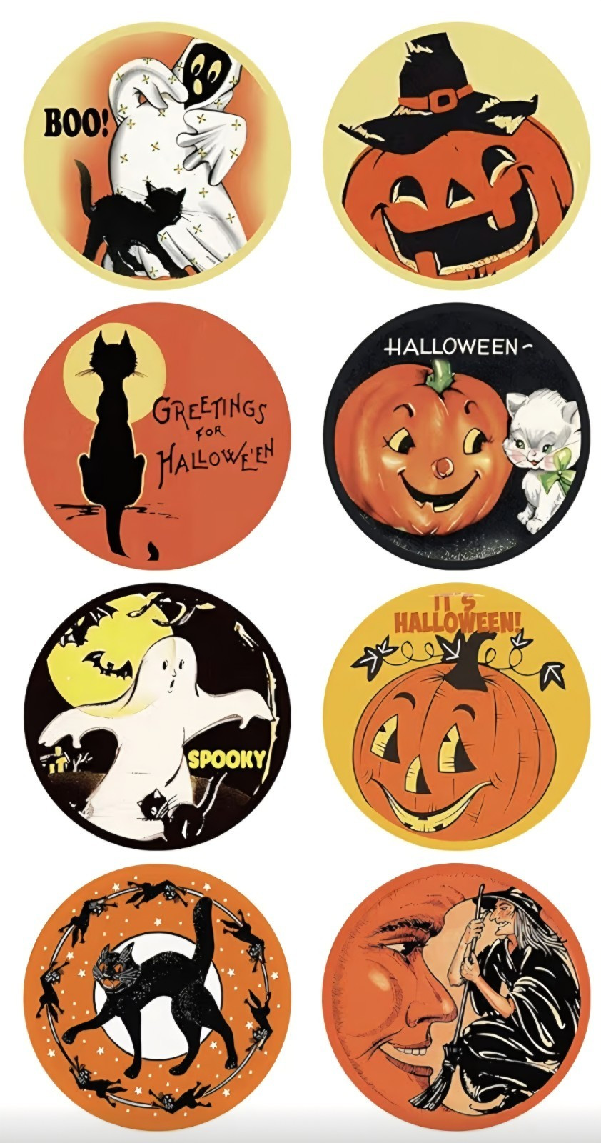 *HALLOWEEN* Vintage Reproduced Images:  100 LARGE Round Stickers: 14 Designs
