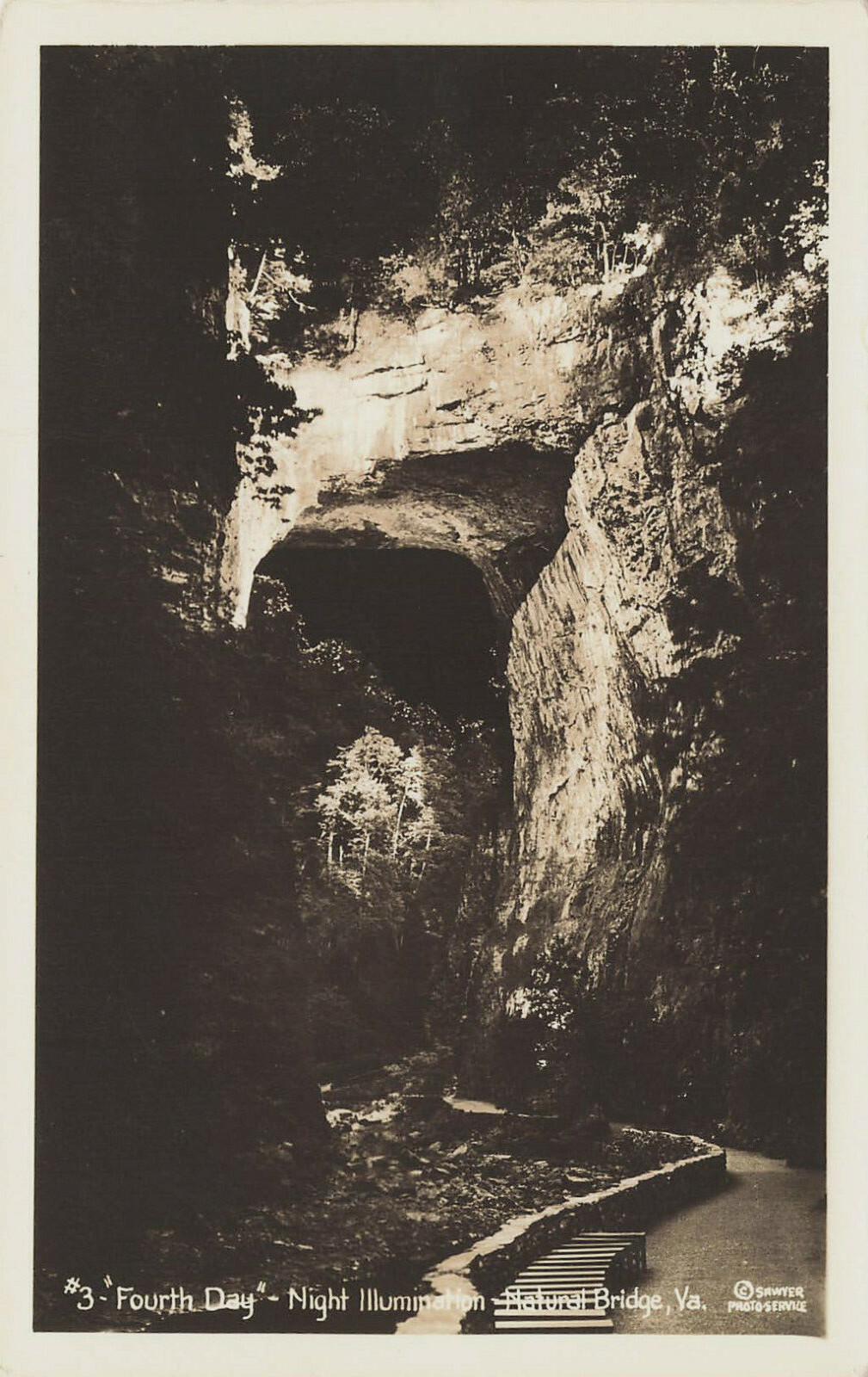 4TH DAY NIGHT ILLUMINATION REAL PHOTO POSTCARD NATURAL BRIDGE VIRGINIA \'30s RPPC