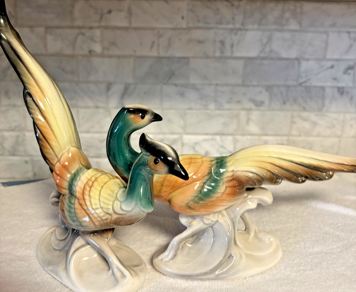 2 Vintage Royal Copley Spaulding Glazed Porcelain Ring Neck Pheasant Figurines 2 Vintage Royal Copley Spaulding Glazed Porcelain Ring Neck Pheasant Figurines
