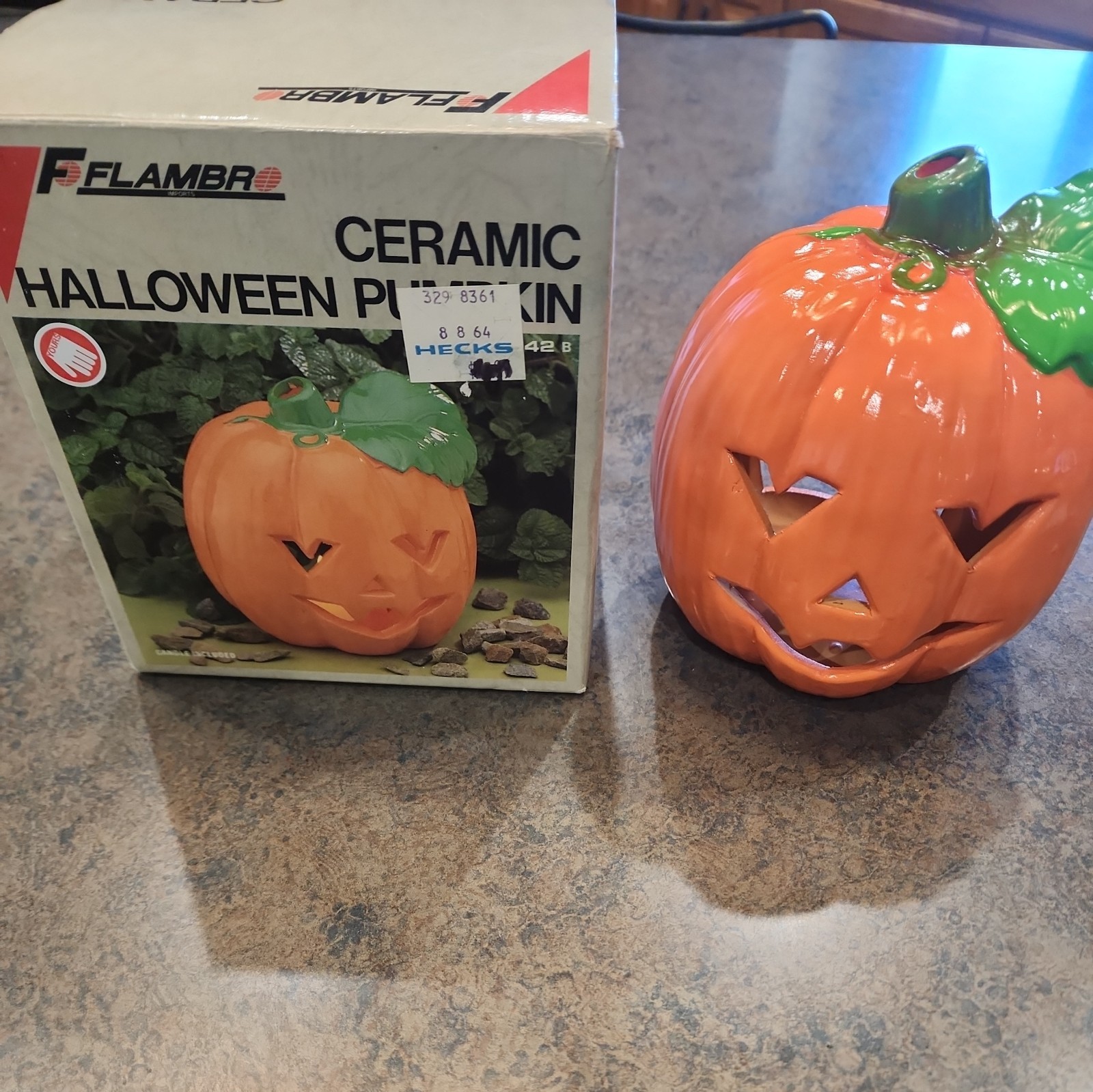 1988 Vintage Flambro Ceramic Pumpkin Jack O\' Lantern Halloween 7” Candle Holder 1988 Vintage Flambro Ceramic Pumpkin Jack O\' Lantern Halloween 7” Candle Holder