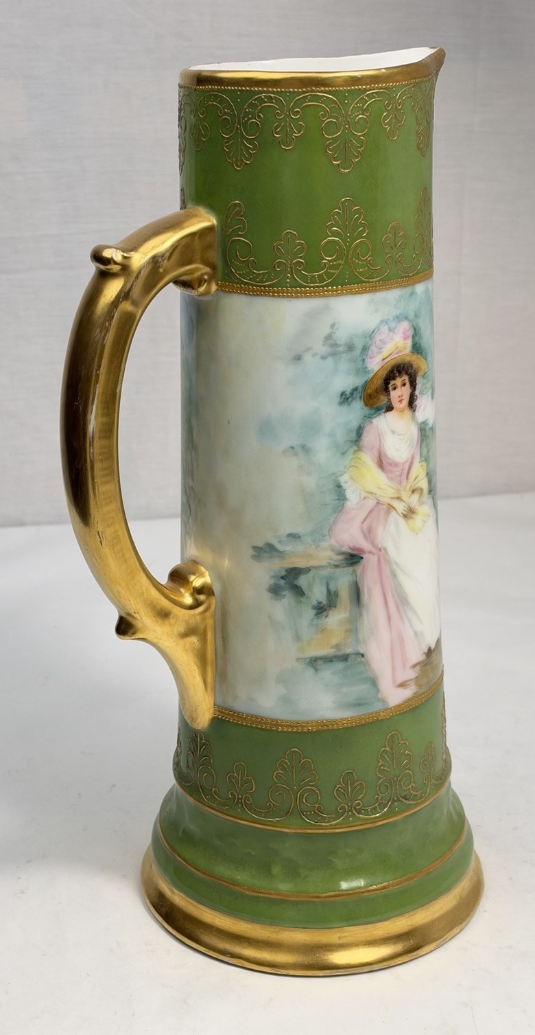 Antique T&V Limoges France 14.5” Hand Painted Portrait Tankard Pitcher Gold Gilt