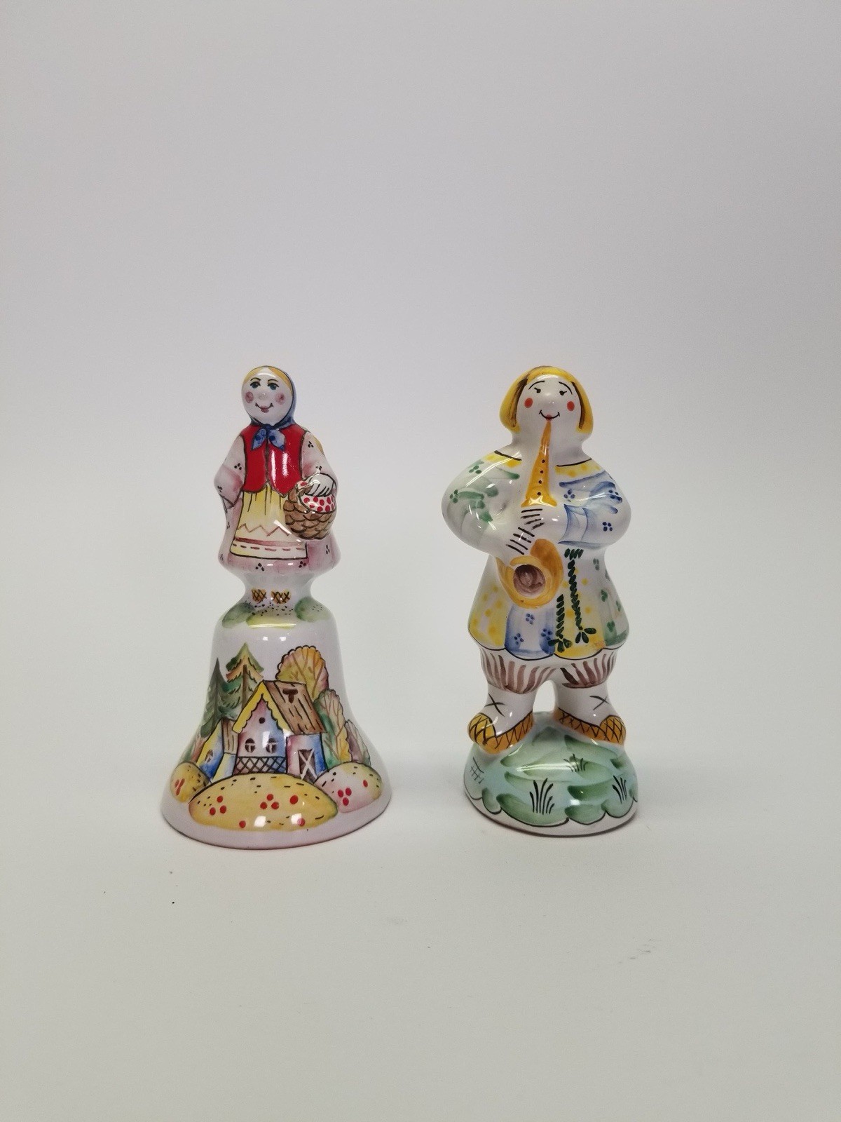 vintage hand-painted Russian majolica ceramic folk art Bell And Figure