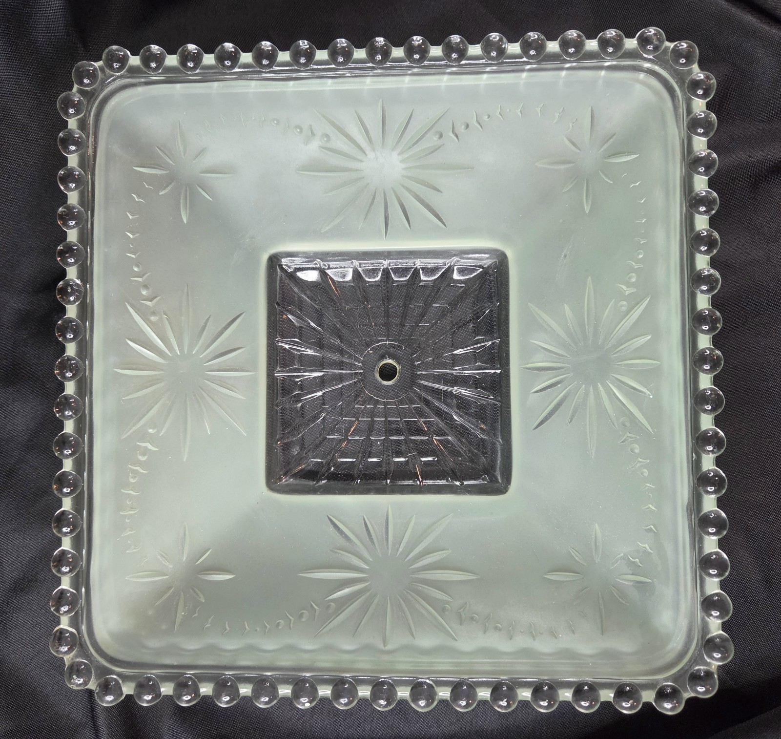 Vintage Square Green Glass Lamp Shade Starburst Pattern w/ Center Mounting Hole
