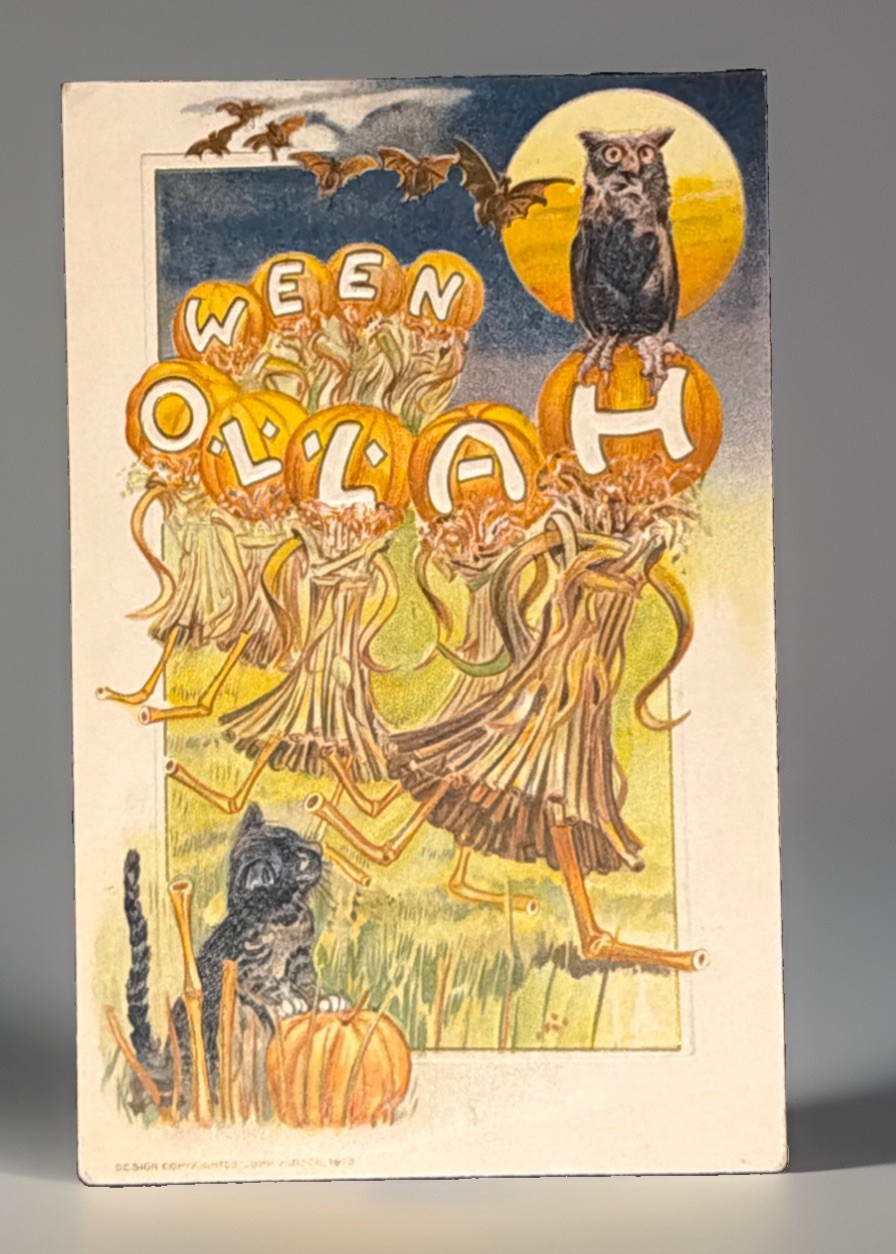 Halloween Winsch with Owl Bats Cornstalks Cat Pumpkins