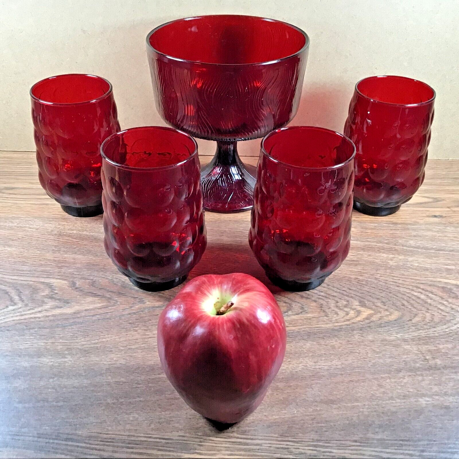 4 Vtg Glasses Royal Ruby Red Anchor Hocking BUBBLES 4.5\