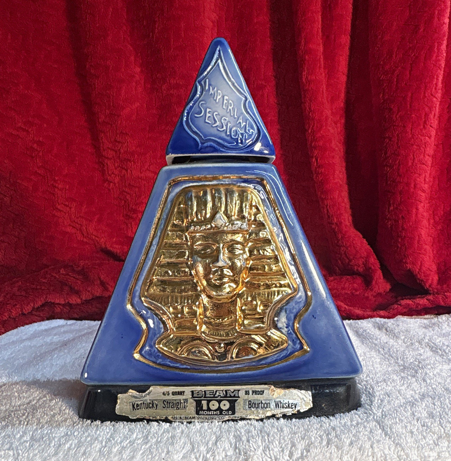 Vintage Jim Beam 1970 Indiana Indianapolis Blue/Gold/Bourbon Decanter w/ Stopper