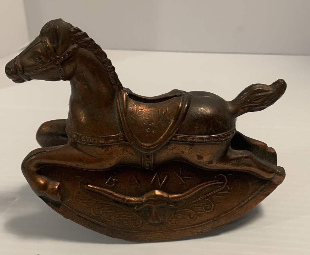 Vintage Copper Rocking Horse Bank. Missing Rubber Stopper