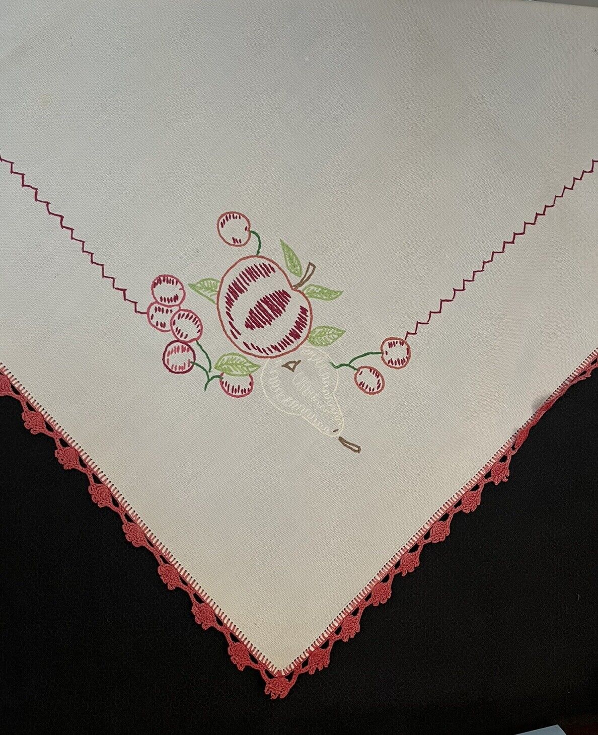 Vintage Linen Hand Embroidered Table Cloth Crocheted Edge 32” x 35” As Is