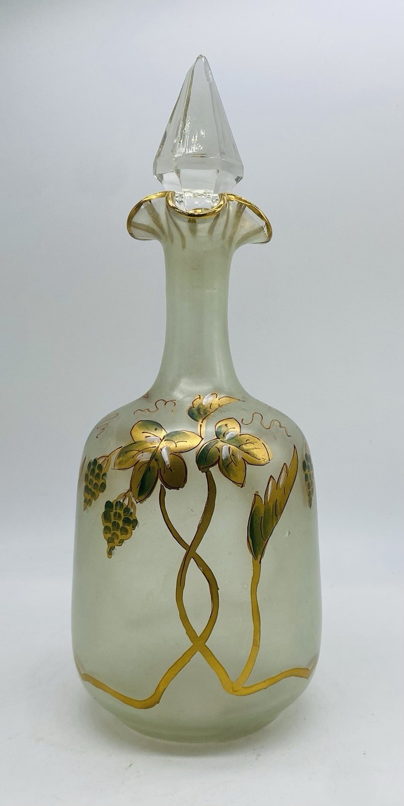 Tall Art Nouveau Bohemian HARRACH Frosted Glass Cruet Vase Gold Floral Enamel