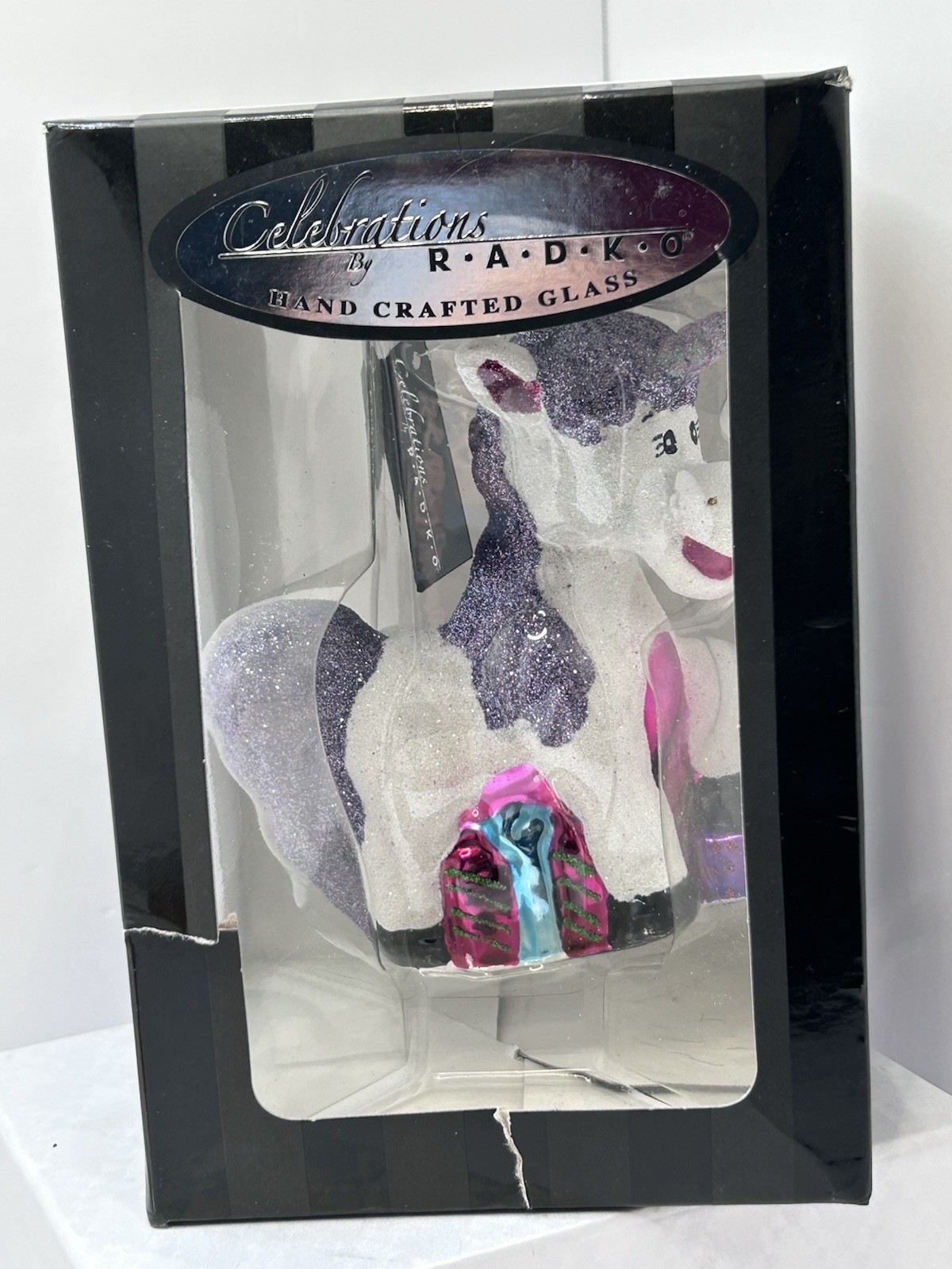 New HTF Celebrations By  Radko Glitter Unicorn Christmas Ornament In Box