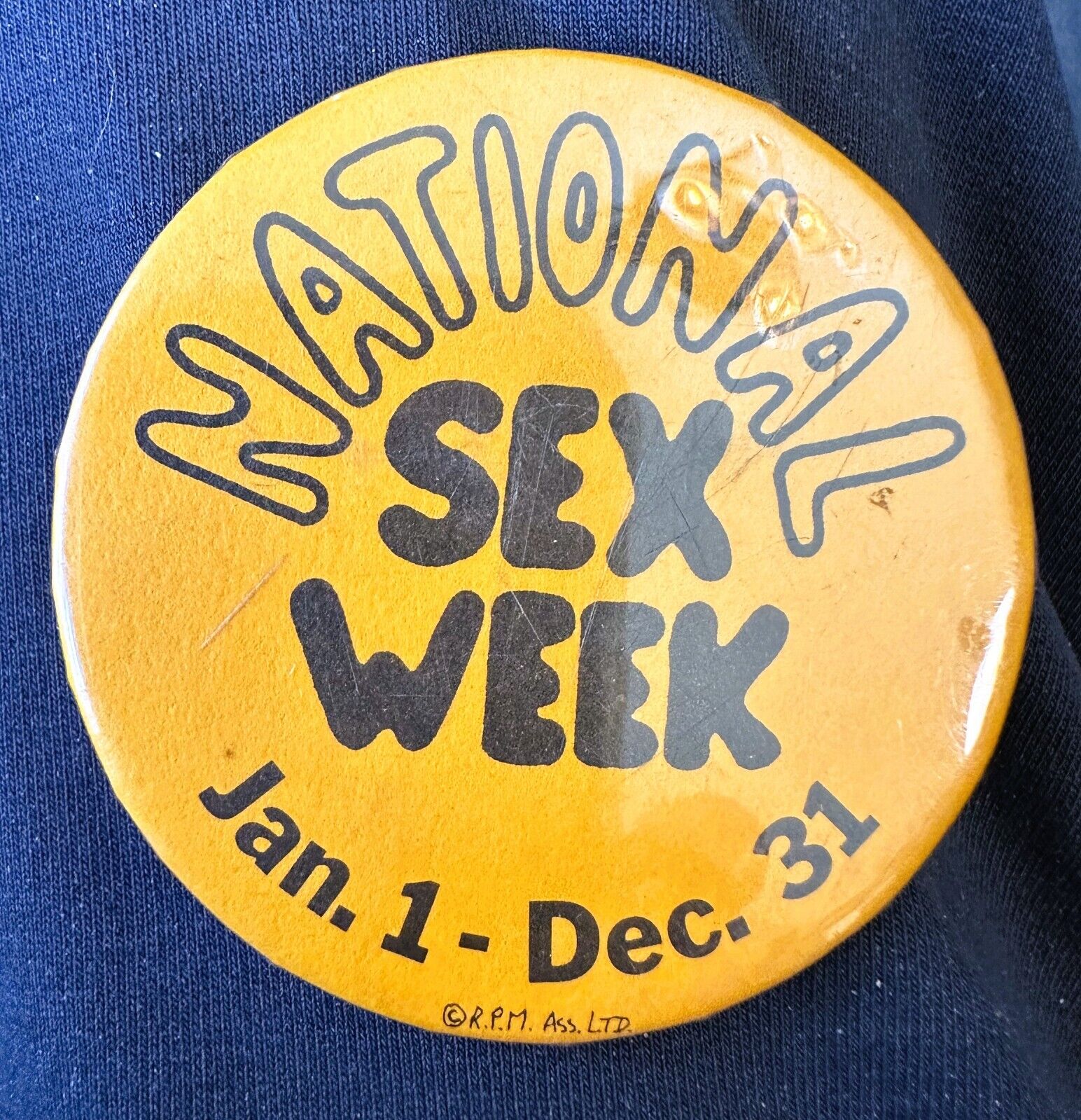 National Sex Week Vintage 70s Sleaze Pulp Humor Hippie Button Pin 2.25\