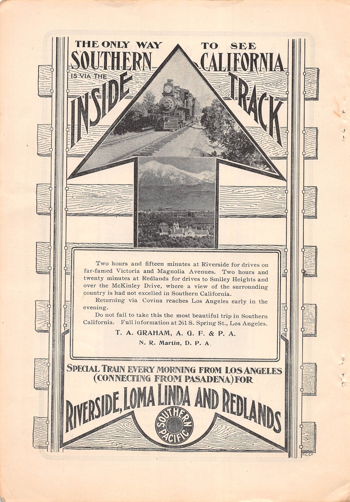 antique 1905 ad INSIDE TRACK Southern Pacific Riverside Loma Linda Redlands CA