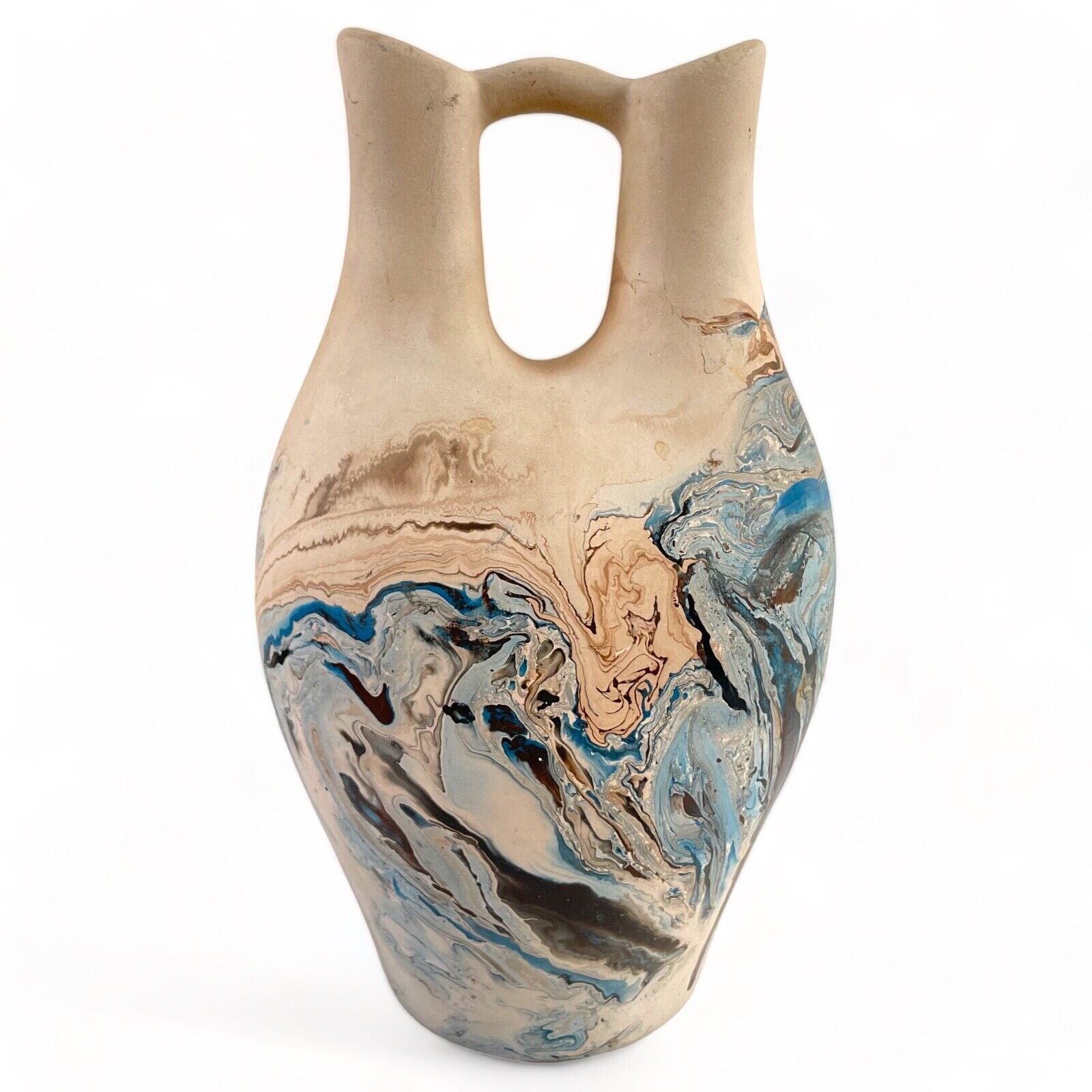 Nemadji Pottery Wedding Vase USA VTG Blue Beige Swirl 10” Signed