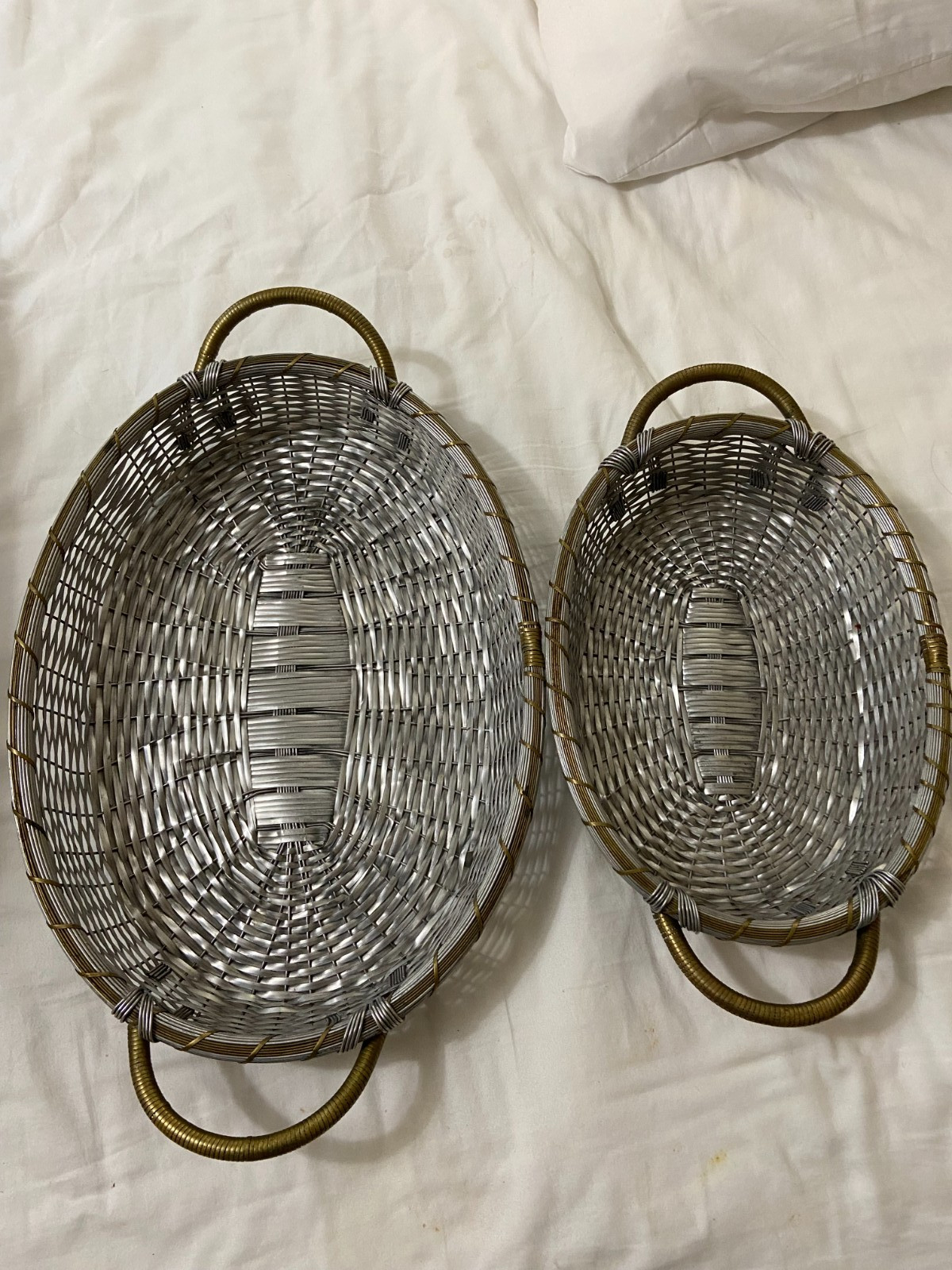 2 HUGE HANDLED VTG Oval Woven Aluminum Wire Basket Silver & gold Brass Rim 2 HUGE HANDLED VTG Oval Woven Aluminum Wire Basket Silver & gold Brass Rim