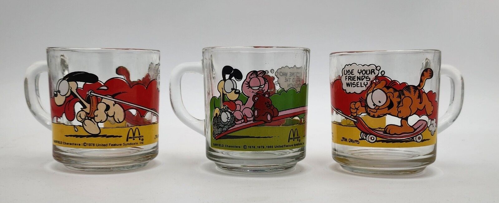 Garfield Glass Mug Cups made in USA 1978 from McDonalds Vintage Set of 3 Anchor