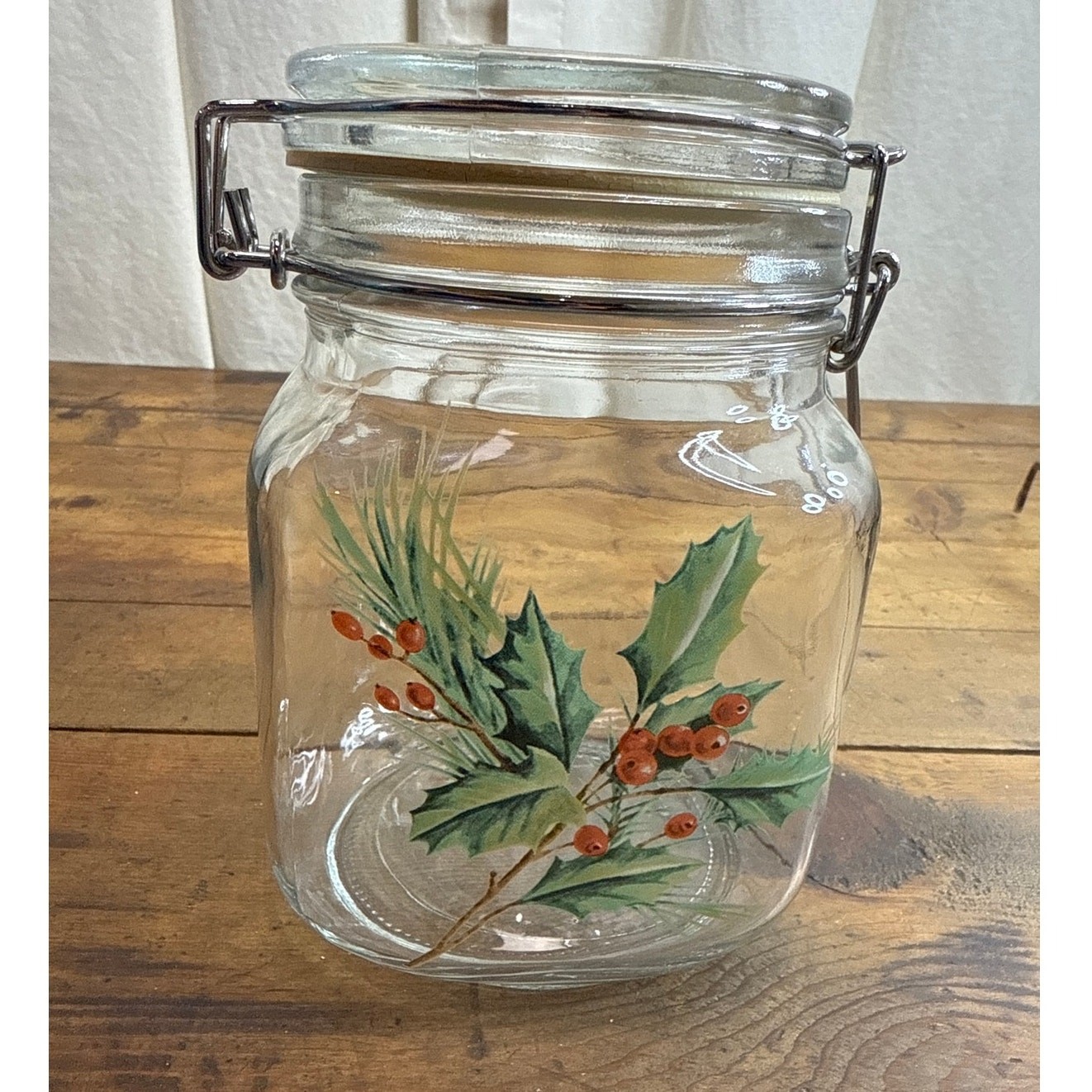 Vintage KIG Indonesia Holly Berry Winter Holiday Glass Locking Lid Canister Jar