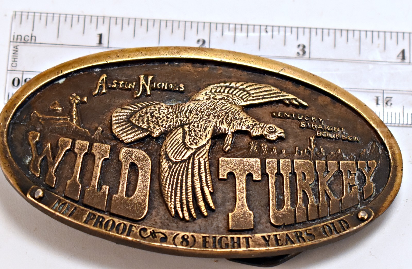 Vintage Austin Nichols Wild Turkey Bourbon Belt Buckle 101 Proof 8 Years Old