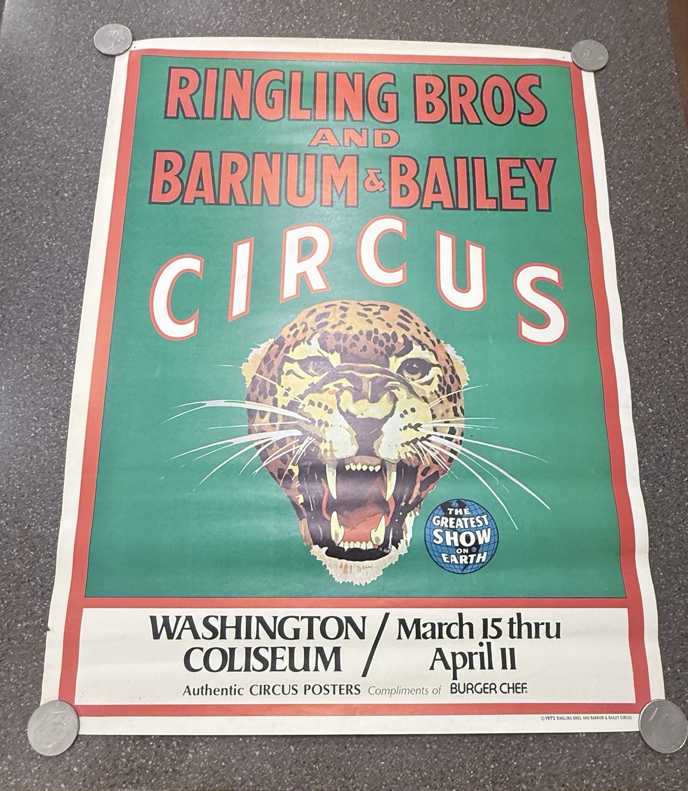 1972 Ringling Bros Barnum Bailey Circus Poster Burger Chef WA Coliseum 19x25